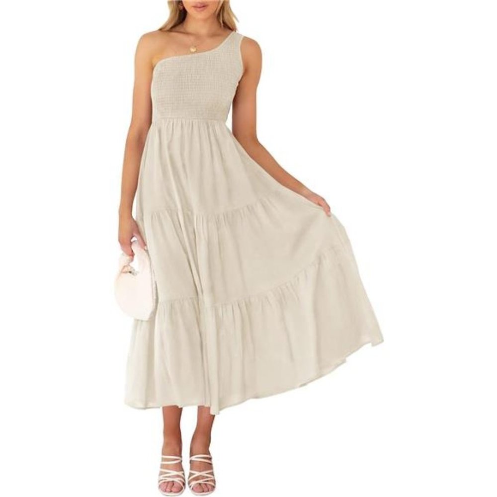 Women's 2023 Bohemian Summer Floral Print One Shoulder Sleeveless Smocked Ruffle